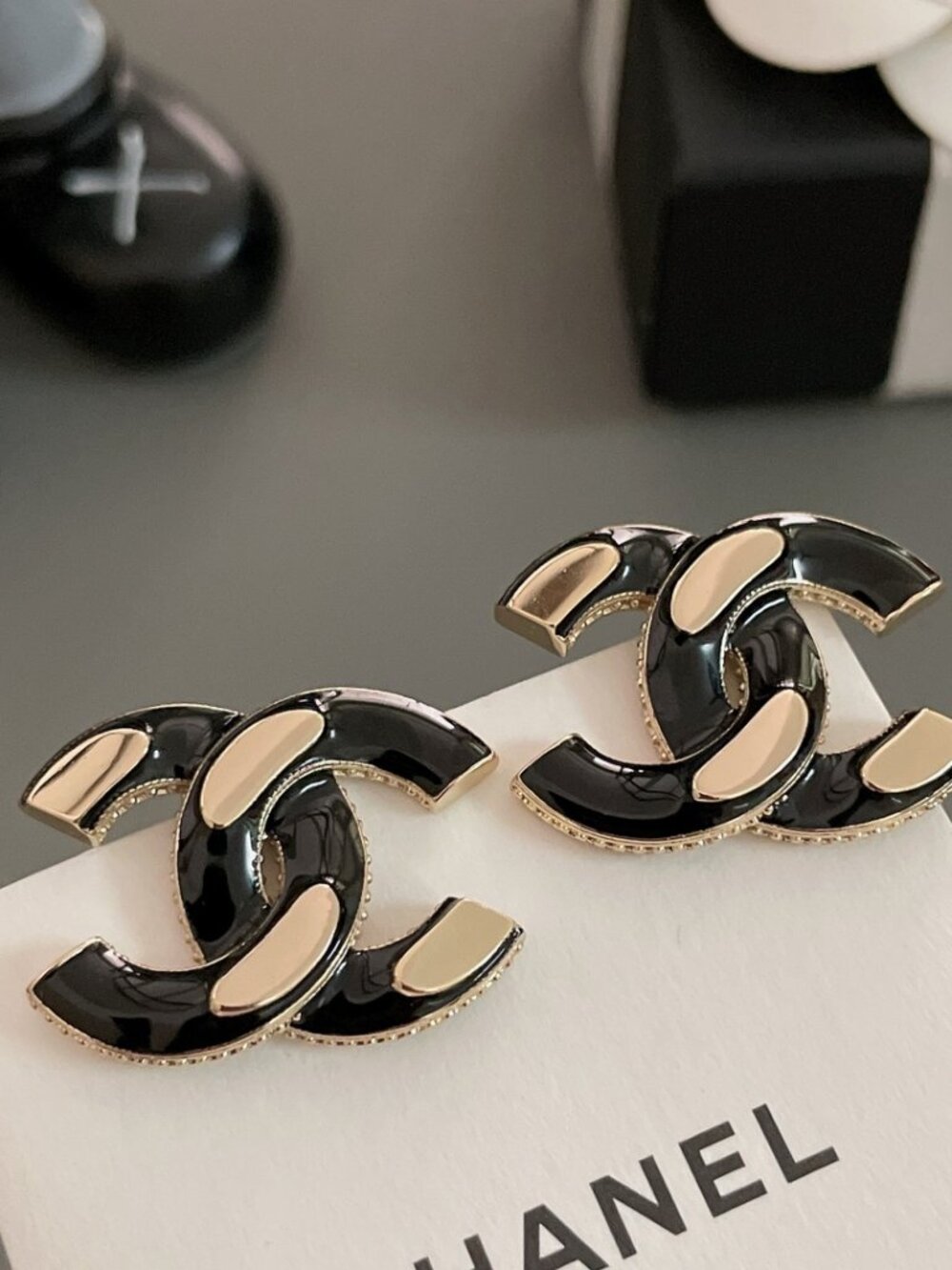 C hanel Large Interlocking CC Logo Black Enamel Gold-Tone Stud Earrings